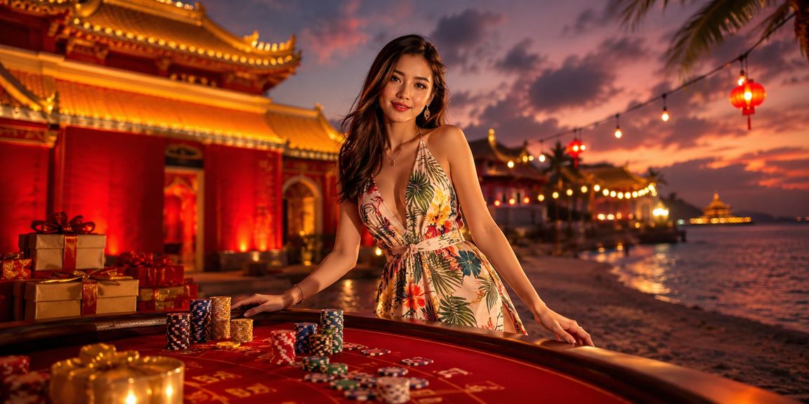 Người chơi Baccarat tại bờ biển Huế với giao diện casino hiện đại trên màn hình