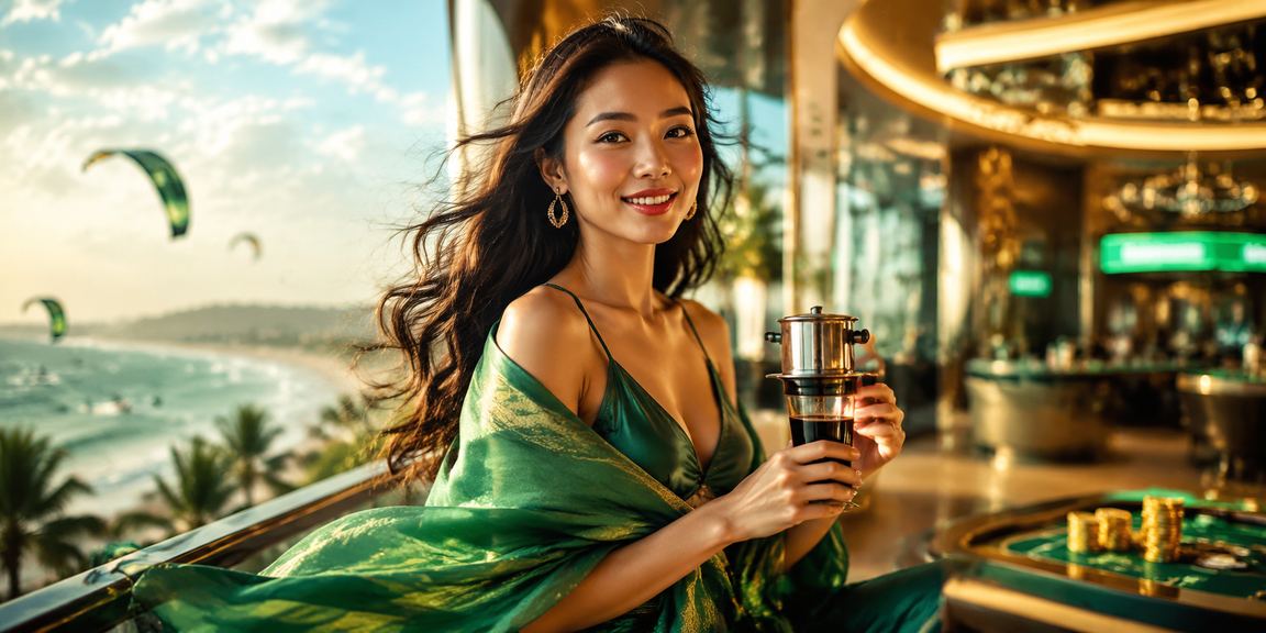Người chơi tại Mũi Né cài đặt ứng dụng cá cược topvip bên bờ biển với ly cà phê