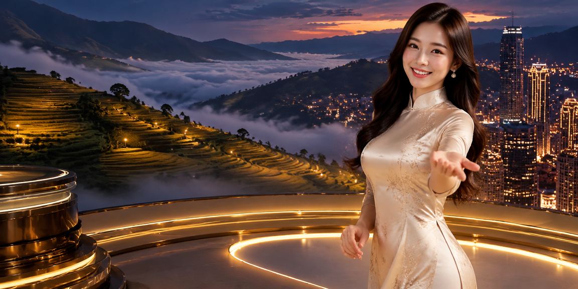Người phụ nữ mặc áo dài tại Sa Pa nhìn ra phong cảnh núi non hùng vĩ, tượng trưng cho sự cân bằng và yên bình